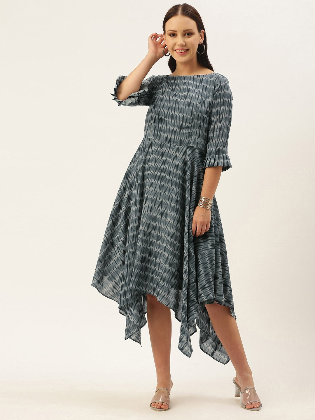 Bollywood Vogue Ready To Wear Grey N Black Muslin Handkerchief Style Dress - Front View