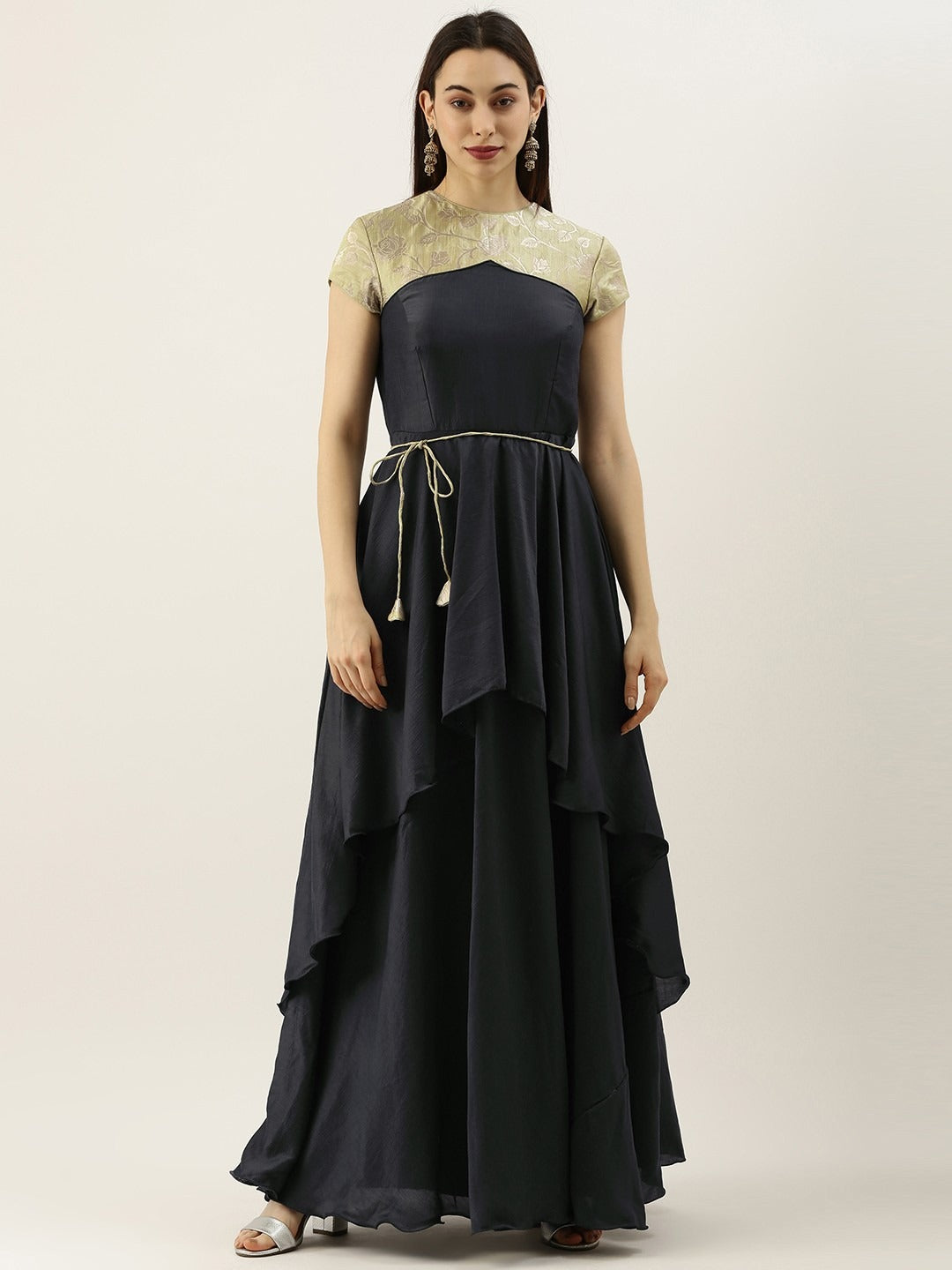 Bollywood Vogue Ready To Wear Green N Dark Grey Layered Floor Length Gown - Detail View