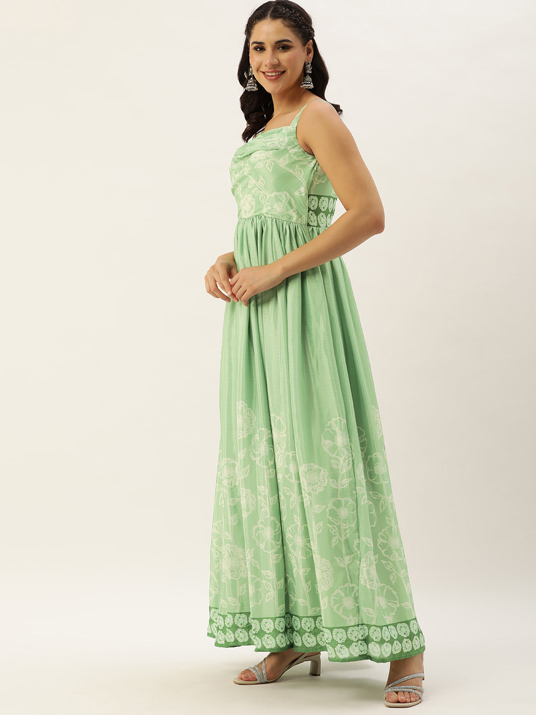 Bollywood Vogue Ready To Wear Green Digital Printed Chinon Gown - Side View
