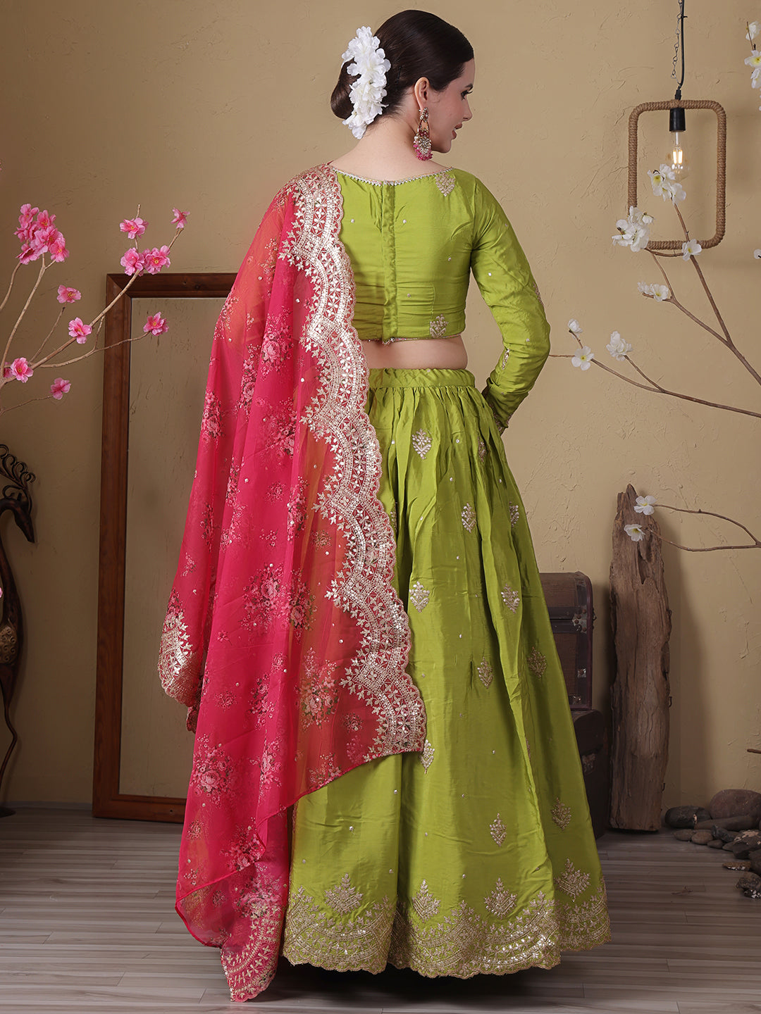 Bollywood Vogue Ready To Wear Pink Organza N Green Viscose Embroidered Lehenga - Back View