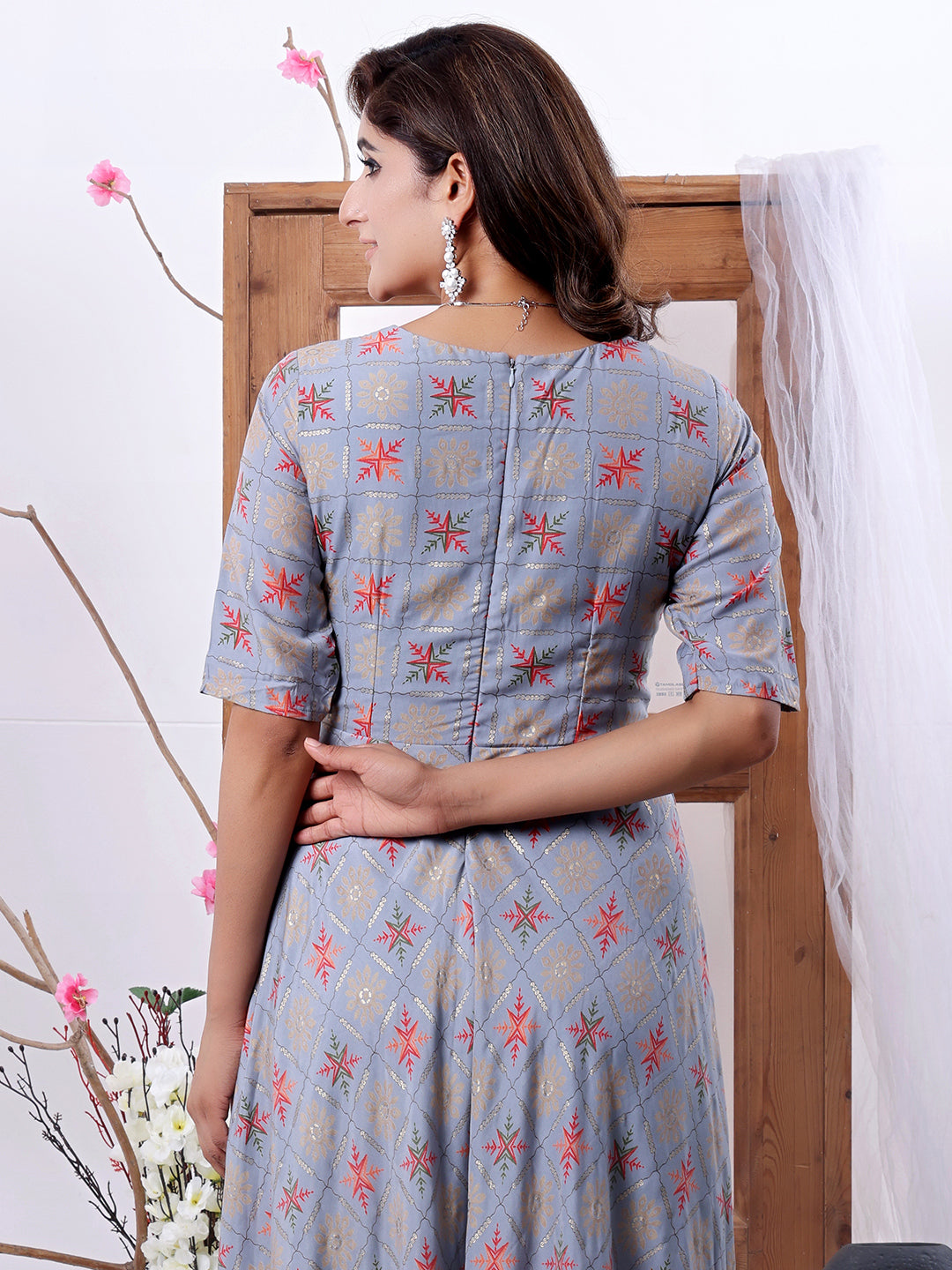 Bollywood Vogue Ready To Wear Blue Foil Print Floor Length Gown - Detail View