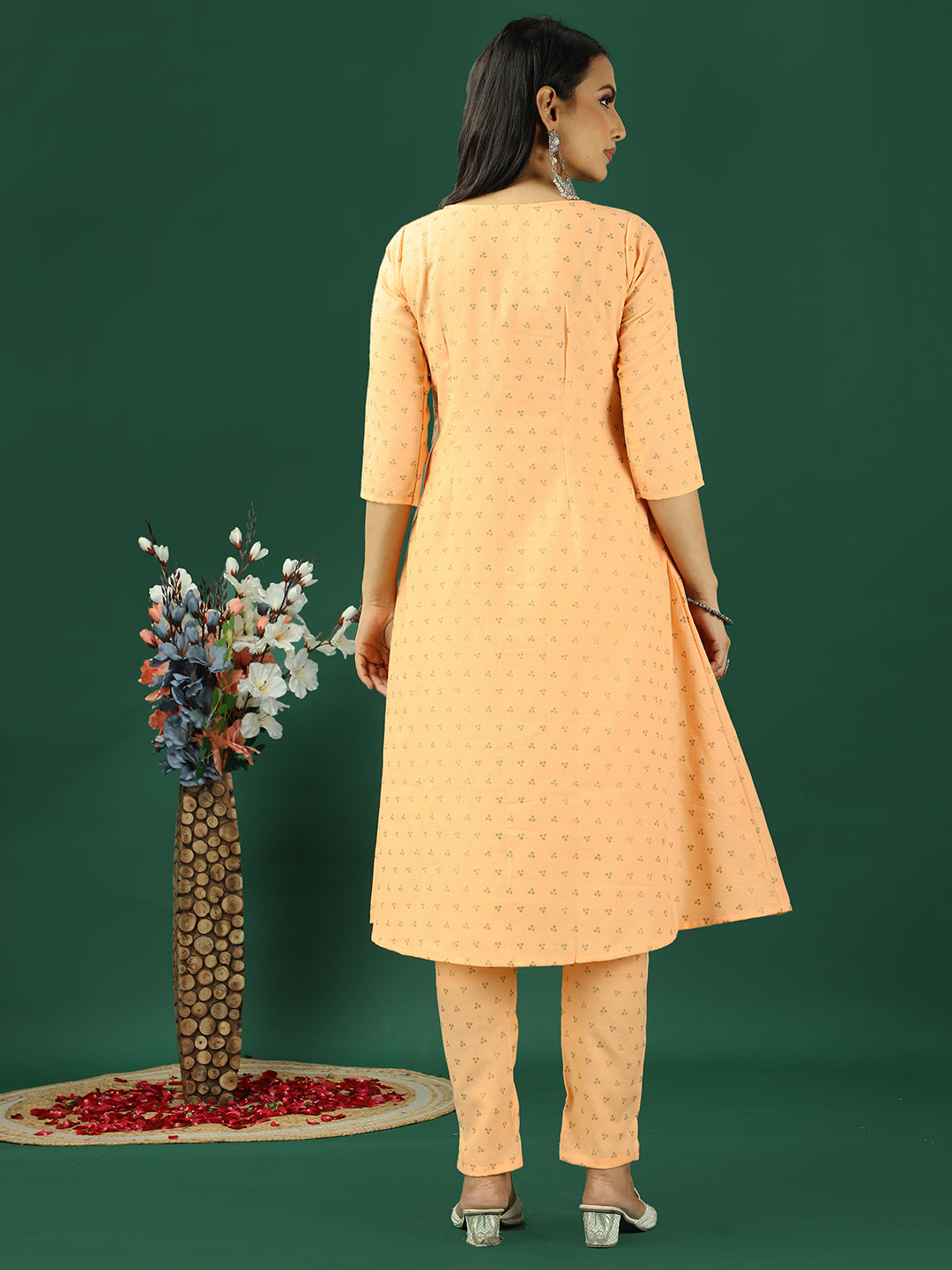 Bollywood Vogue Ready To Wear Peach Foil Printed Box Pleat Style Kurta Set - Back View