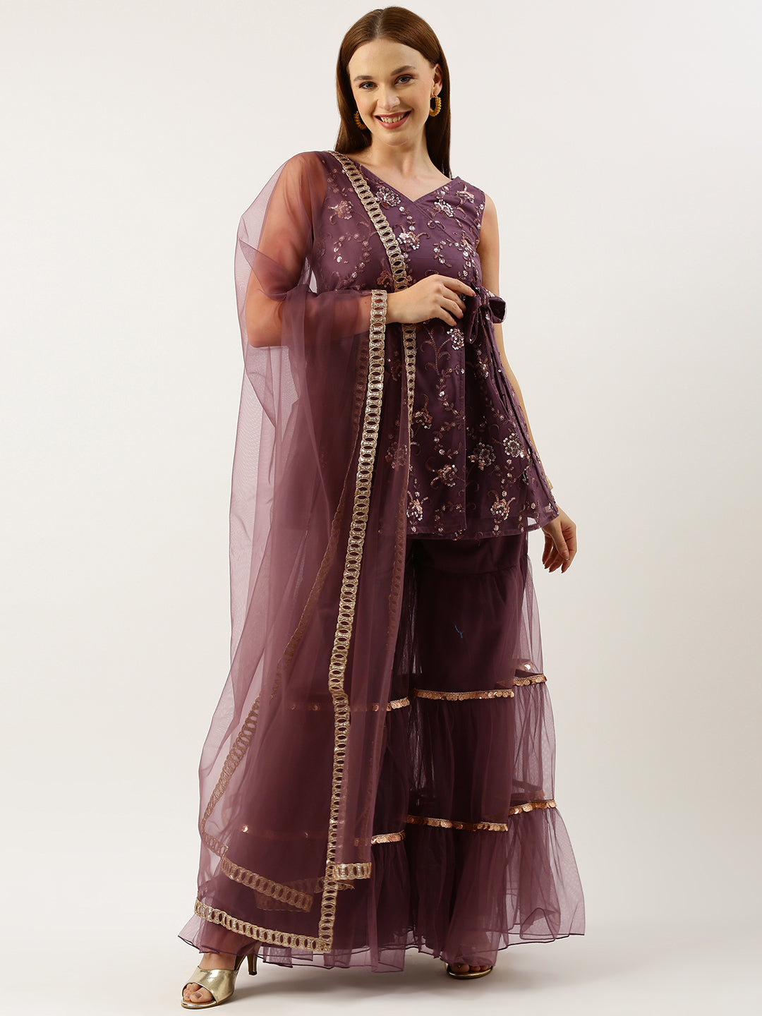 Bollywood Vogue Ready To Wear Purple Sequin Embroidered Net Sharara Suit - Front View