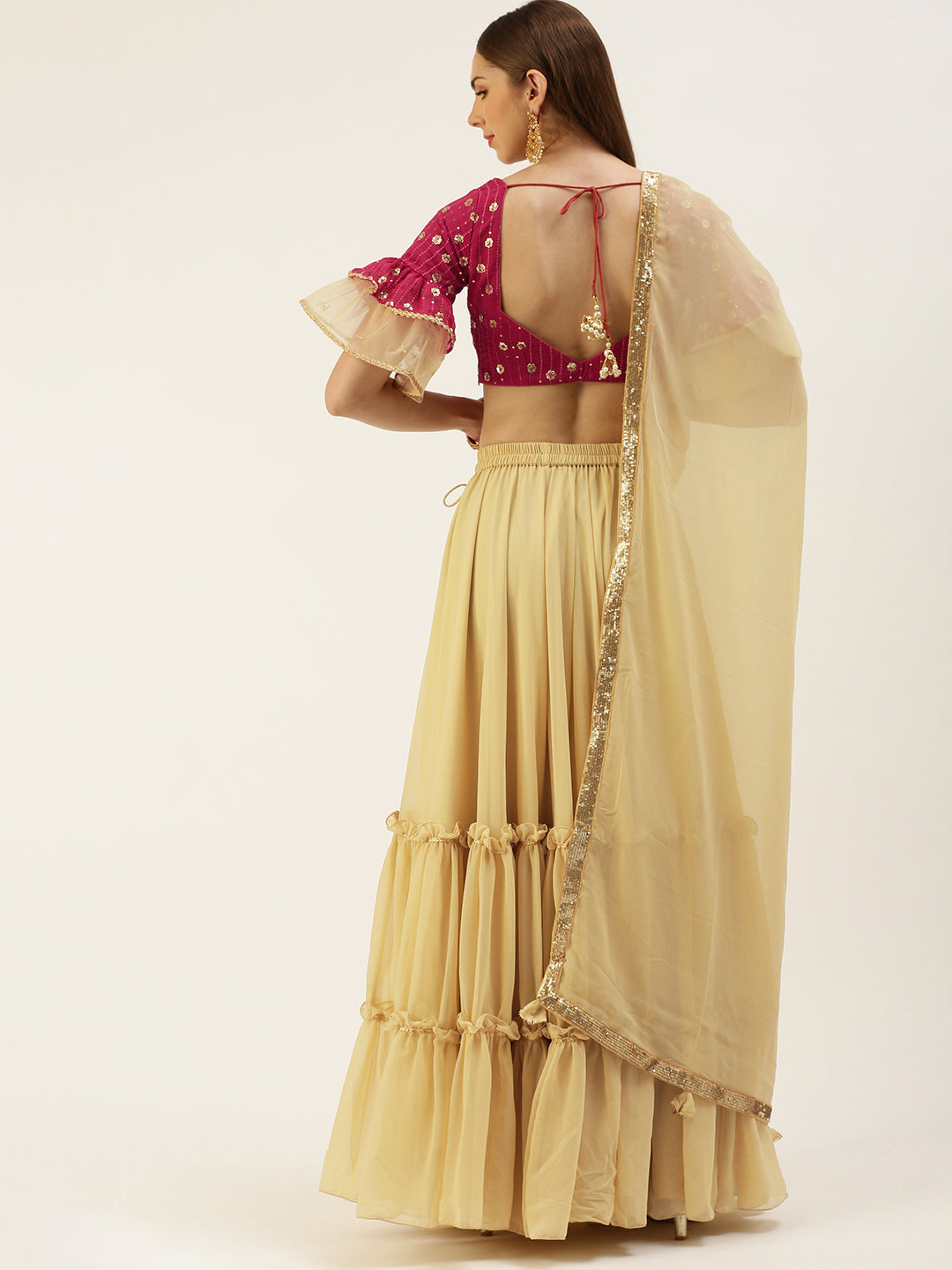 Bollywood Vogue Ready To Wear Dark Pink Sequins Embroidered N Beige Georgette Lehenga - Look Shot