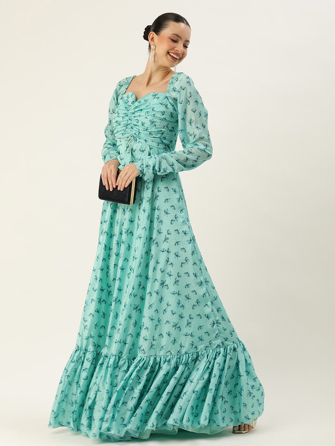Bollywood Vogue Ready To Wear Blue Chinon Digital Printed Floor Length Gown - Front View