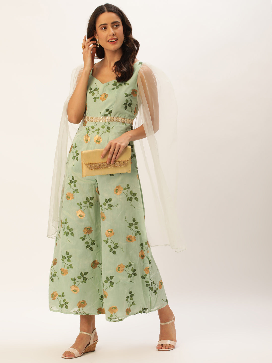 Bollywood Vogue Ready To Wear Green Art Silk Foli Print Jumpsuit - Front View