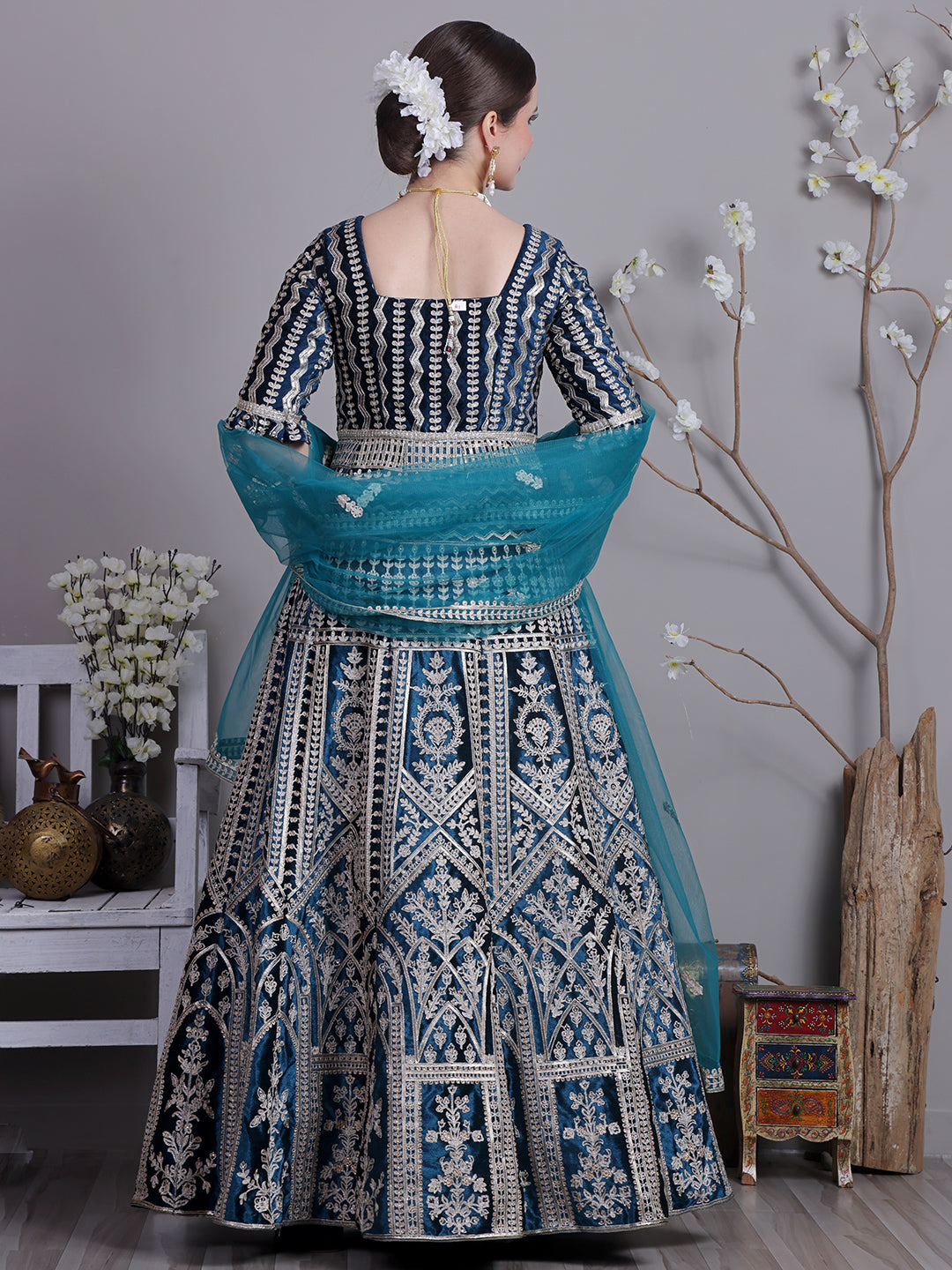 Bollywood Vogue Ready To Wear Classic Top With Teal Blue Velvet Anarkali Suit - Back View
