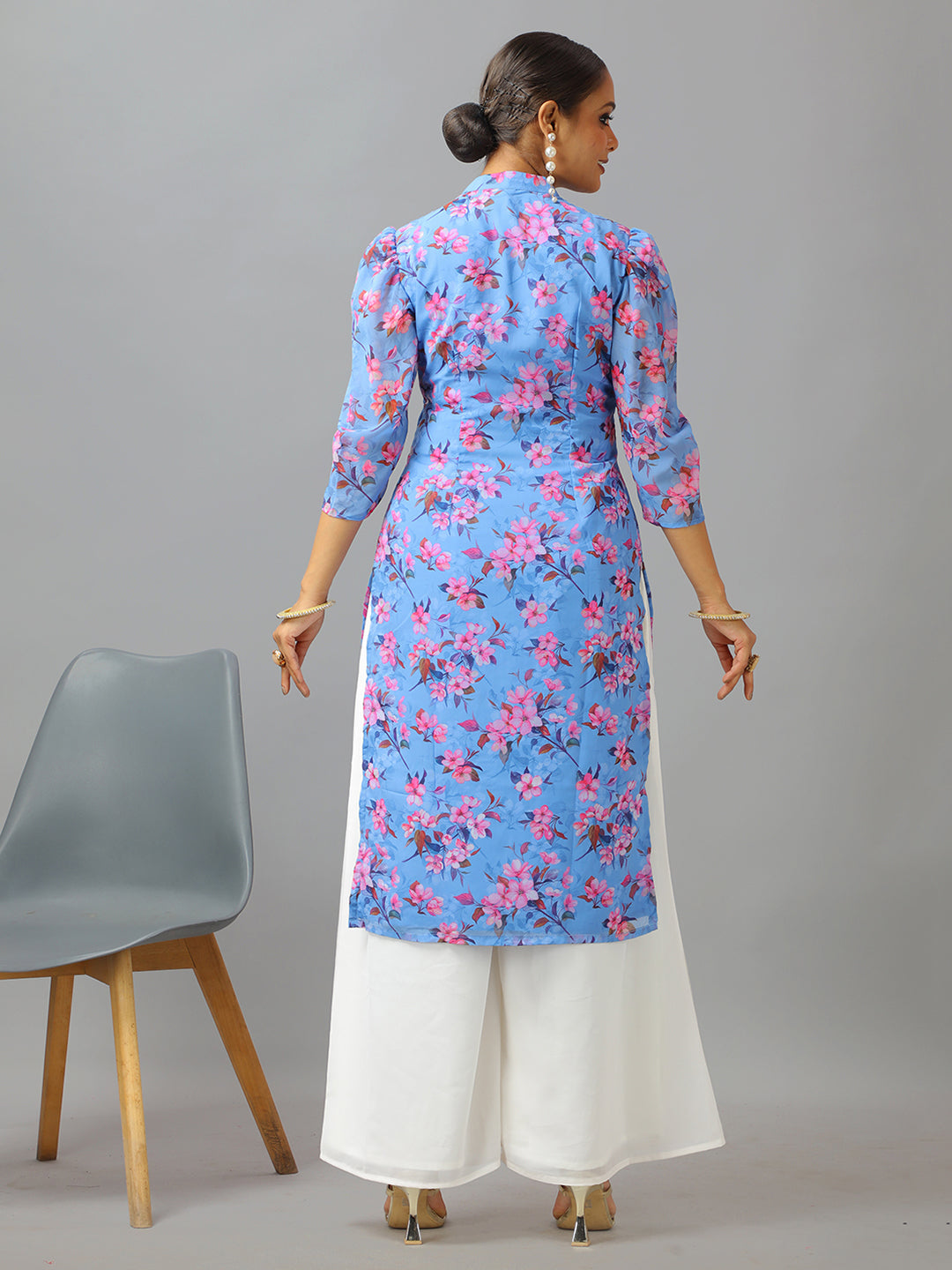 Bollywood Vogue Ready To Wear Blue N White Georgette Kurta Palazzo Set - Back View