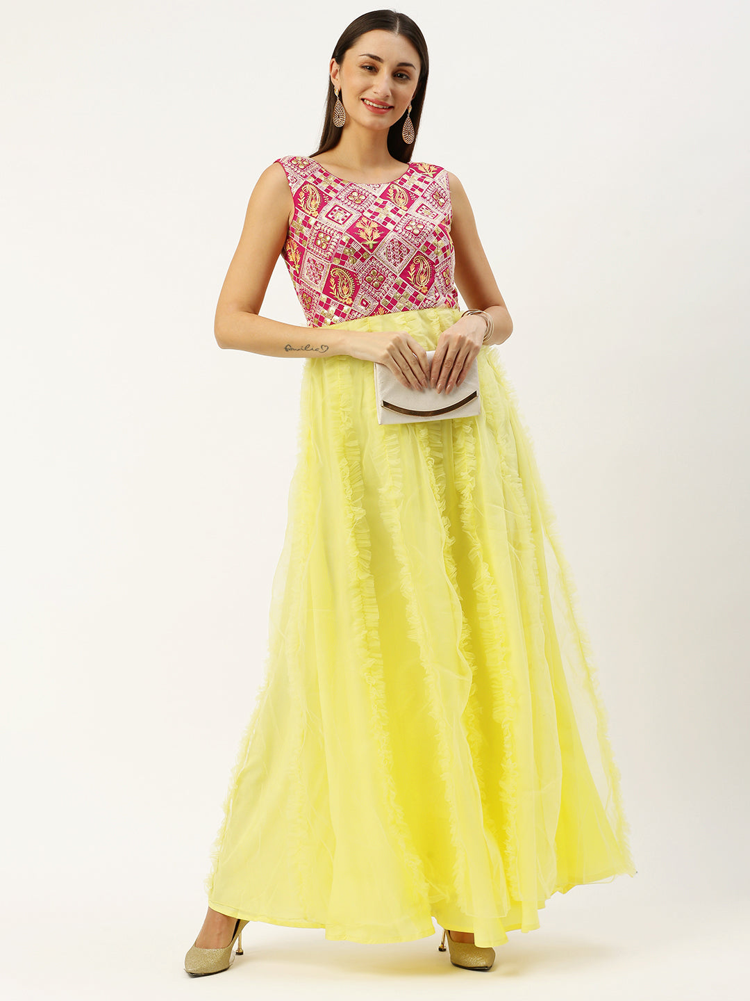 Bollywood Vogue Ready To Wear Pink N Yellow Georgette Embroidered Ruffle Gown - Additional View 1