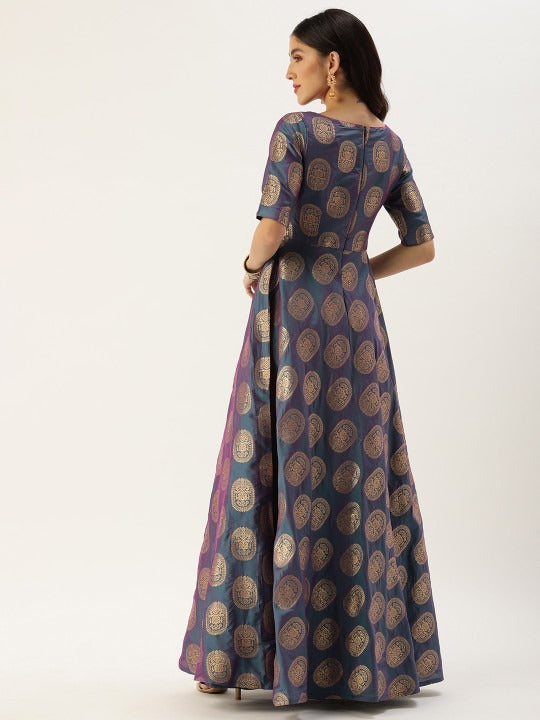Bollywood Vogue Ready To Wear Blue Taffeta Jacquard Half Circular Dress - Back View