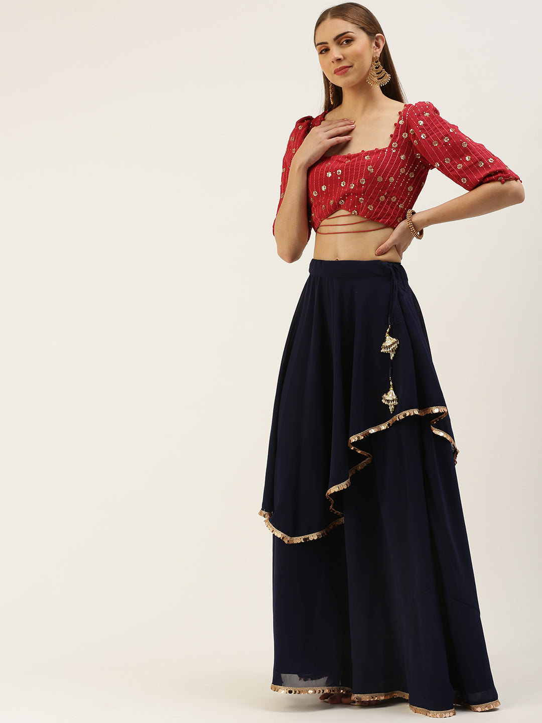 Bollywood Vogue Ready To Wear Dark Pink N Navy Blue Embroidered Lehenga - Additional View 1