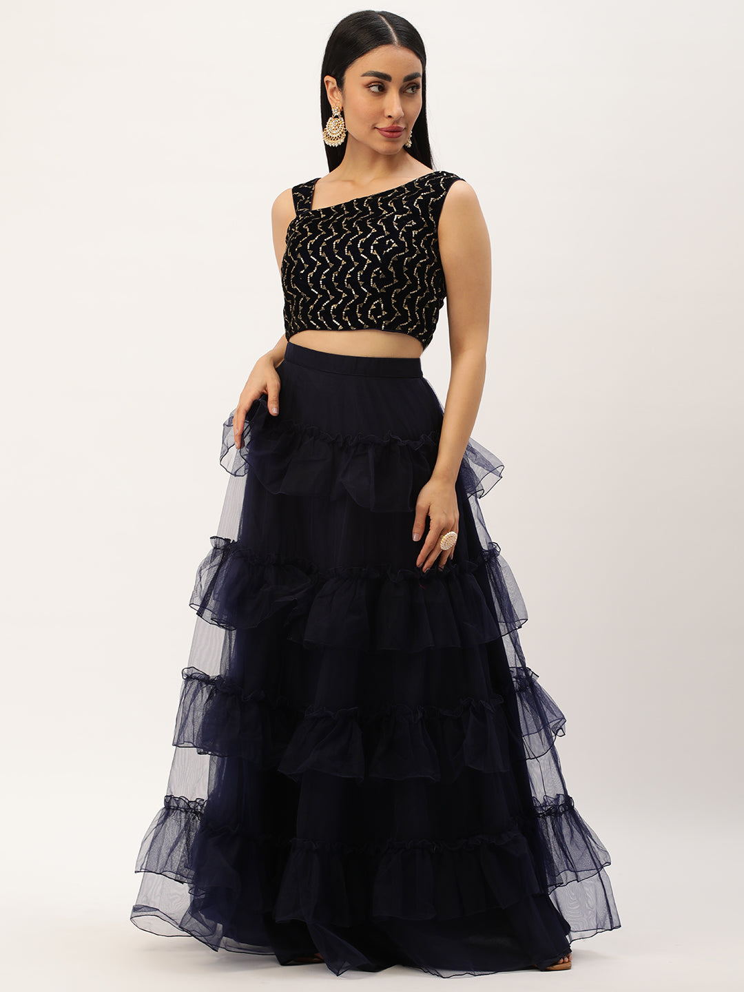 Bollywood Vogue Ready To Wear Blue Velvet Embroidered Crop Top N Blue Skirt Set - Detail View