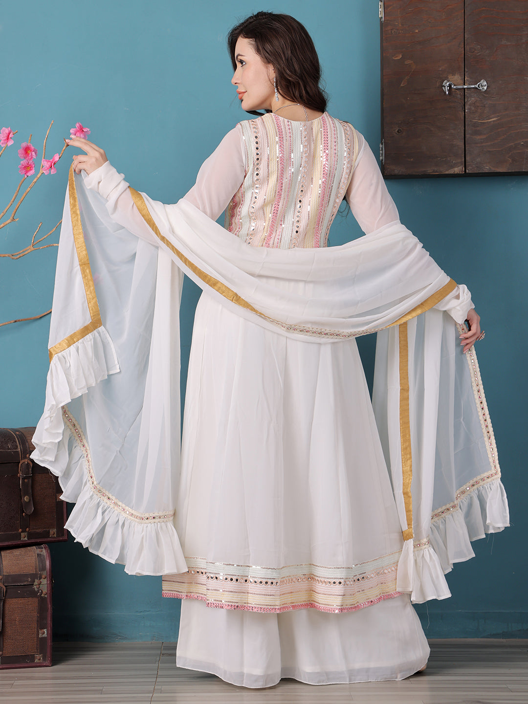 Bollywood Vogue Ready To Wear Off White Georgette Embroidered Anrakali Suit - Back View