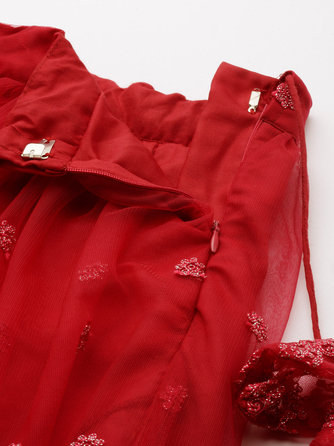 Bollywood Vogue Ready To Wear Red Net Embroidered Gathered Style Lehenga Set - Detail View
