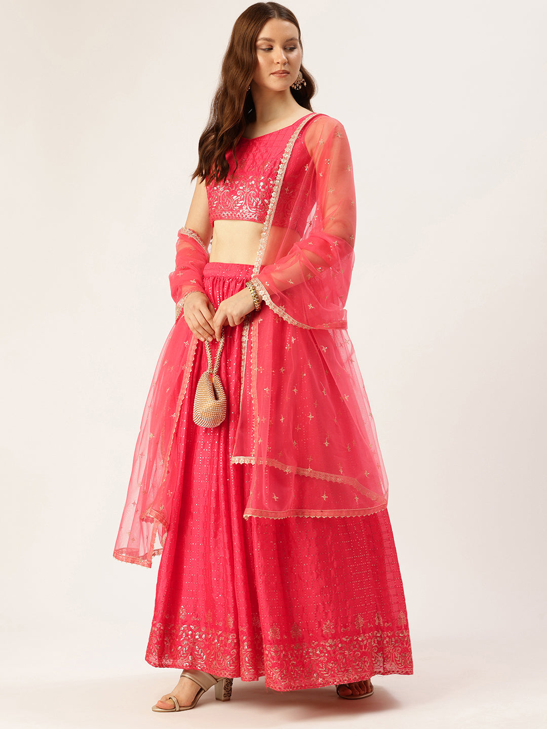 Bollywood Vogue Ready To Wear Coral Chinon Embroidered Sequins Lehenga Set - Detail View