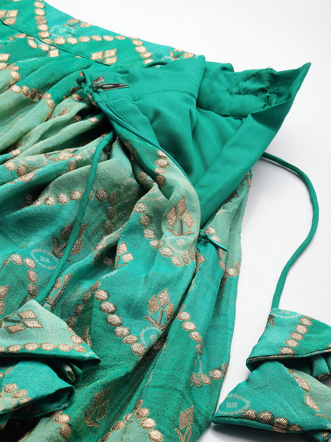 Bollywood Vogue Ready To Wear Green Art Silk Print Zari Pleated Lehenga Set - Look Shot