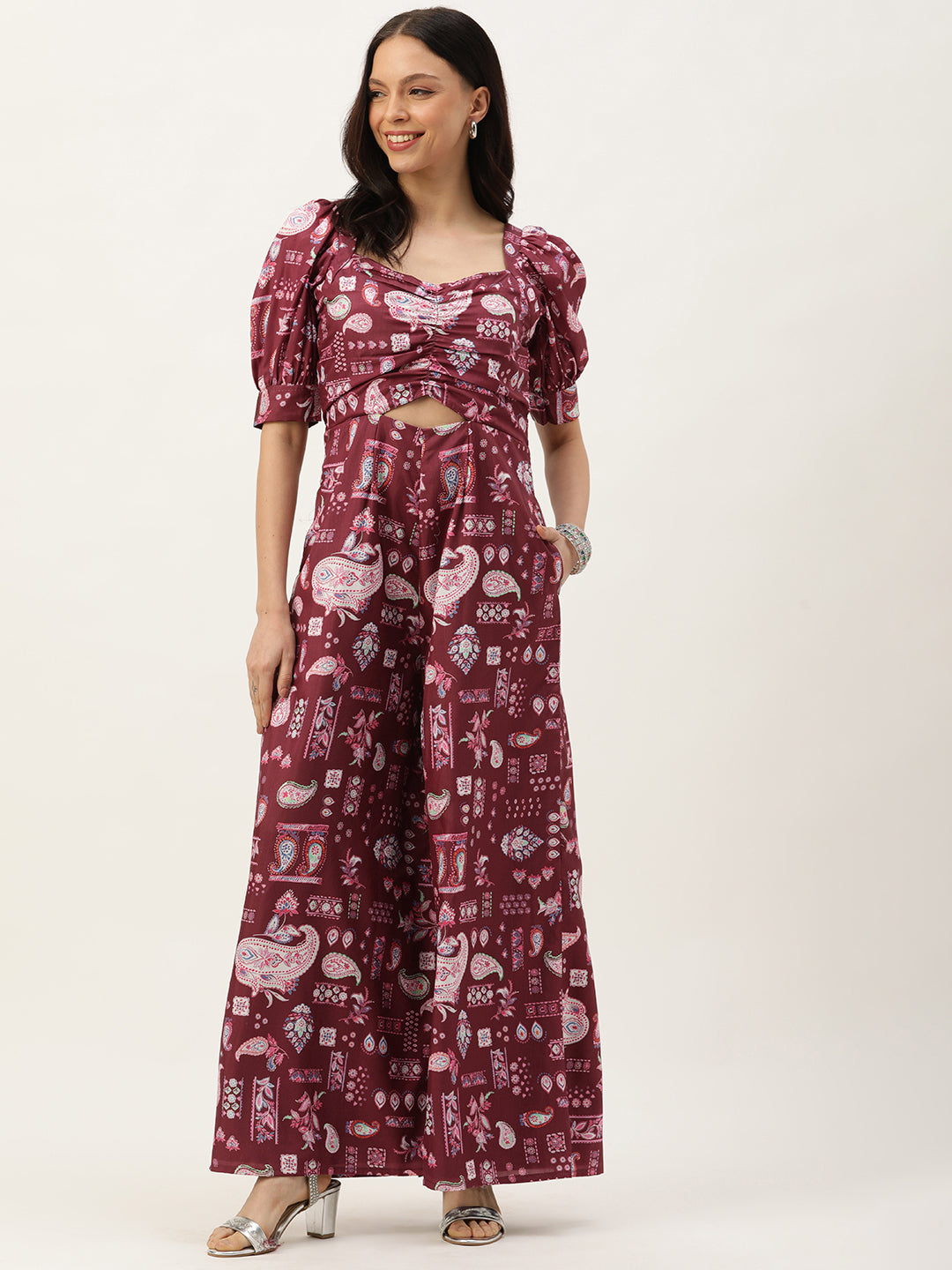 Bollywood Vogue Ready To Wear Maroon Digital Printed Kota Silk Jumpsuits - Front View