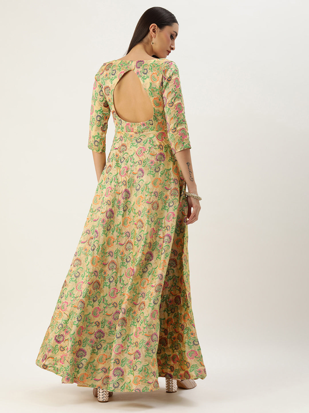 Bollywood Vogue Ready To Wear Beige Art Silk Jacquard Pleated Yoke Gown - Back View