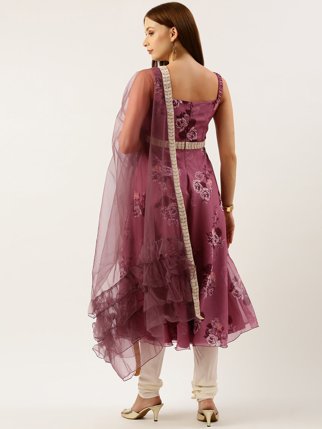 Bollywood Vogue Ready To Wear Mauve Digital Printed Organza Suit Set - Back View