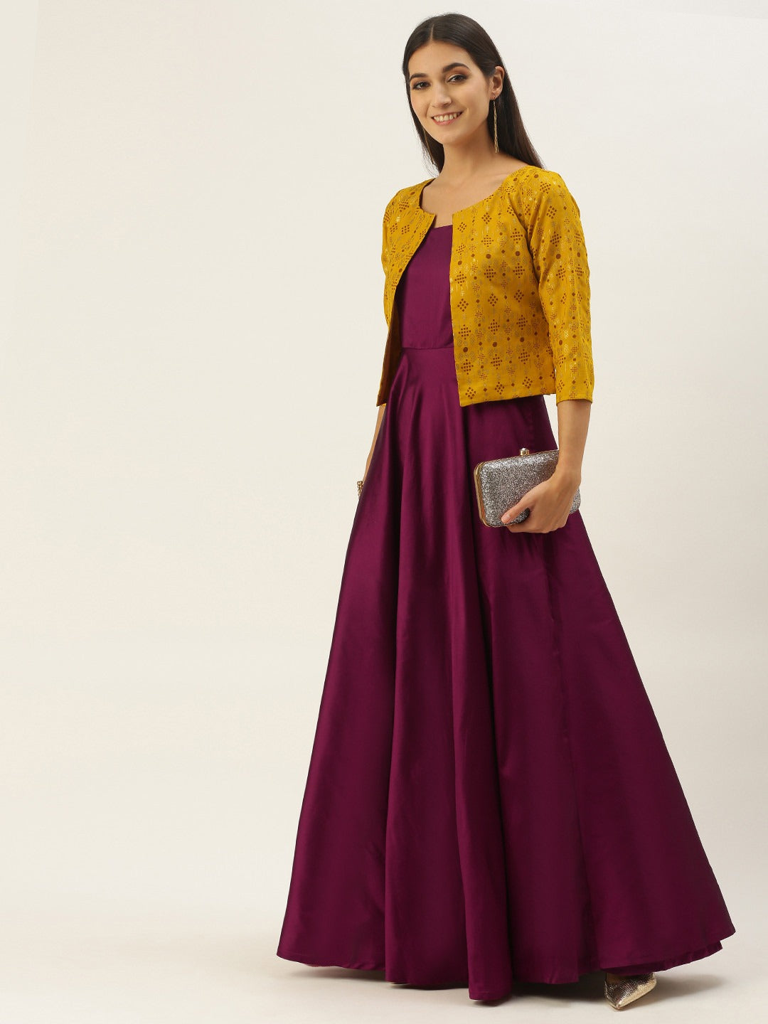 Bollywood Vogue Ready To Wear Dark Purple N Mustard Jacket Style Gown - Front View