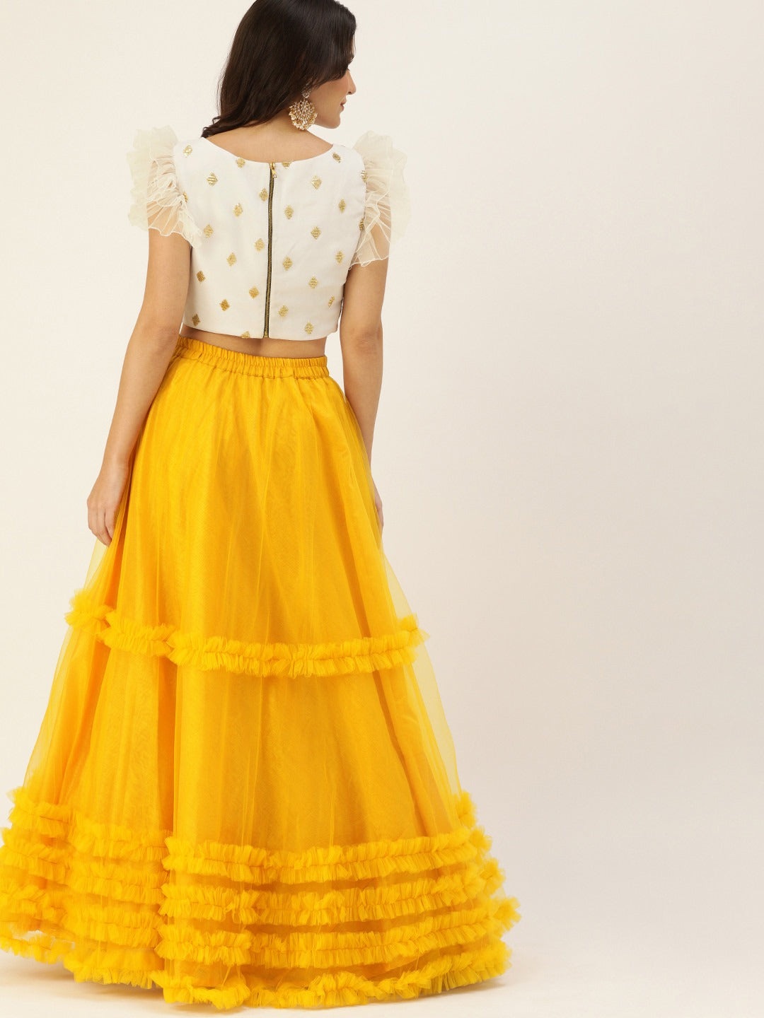 Bollywood Vogue Ready To Wear Yellow N White Embroidered Skirt Set - Back View
