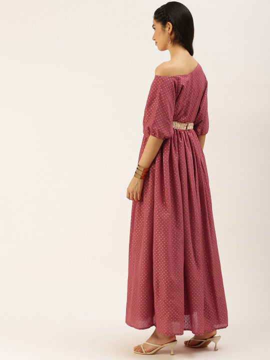 Bollywood Vogue Ready To Wear Maroon Nylon Jacquard Maxi Dress - Back View