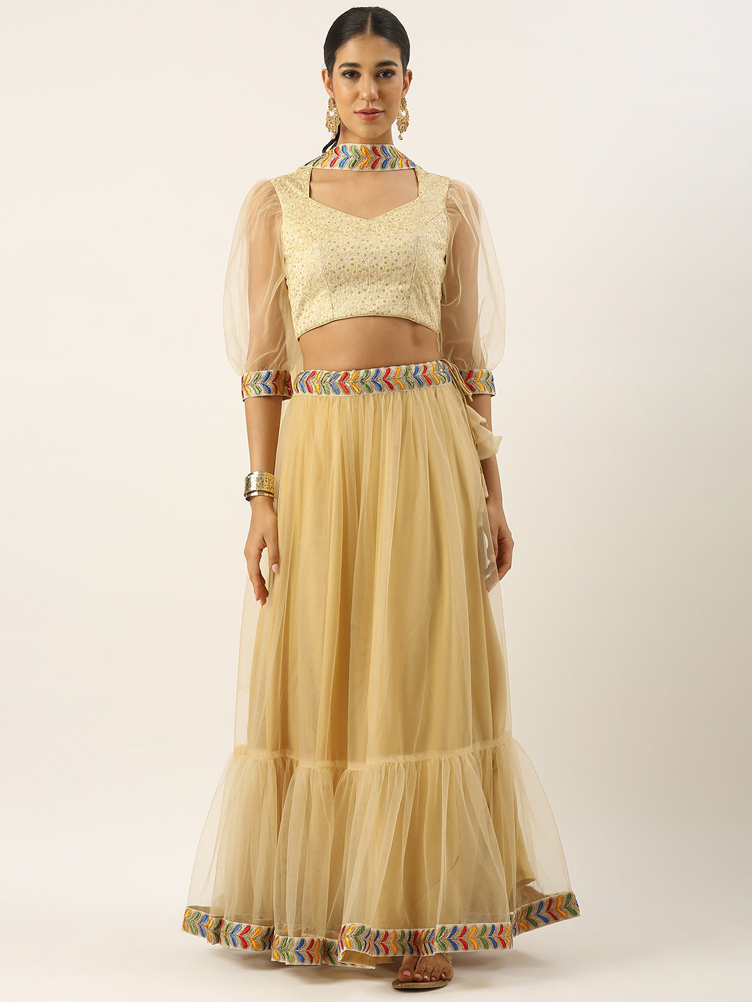 Bollywood Vogue Ready To Wear Beige Embroidered Tiered Gather Style Lehenga Set - Front View