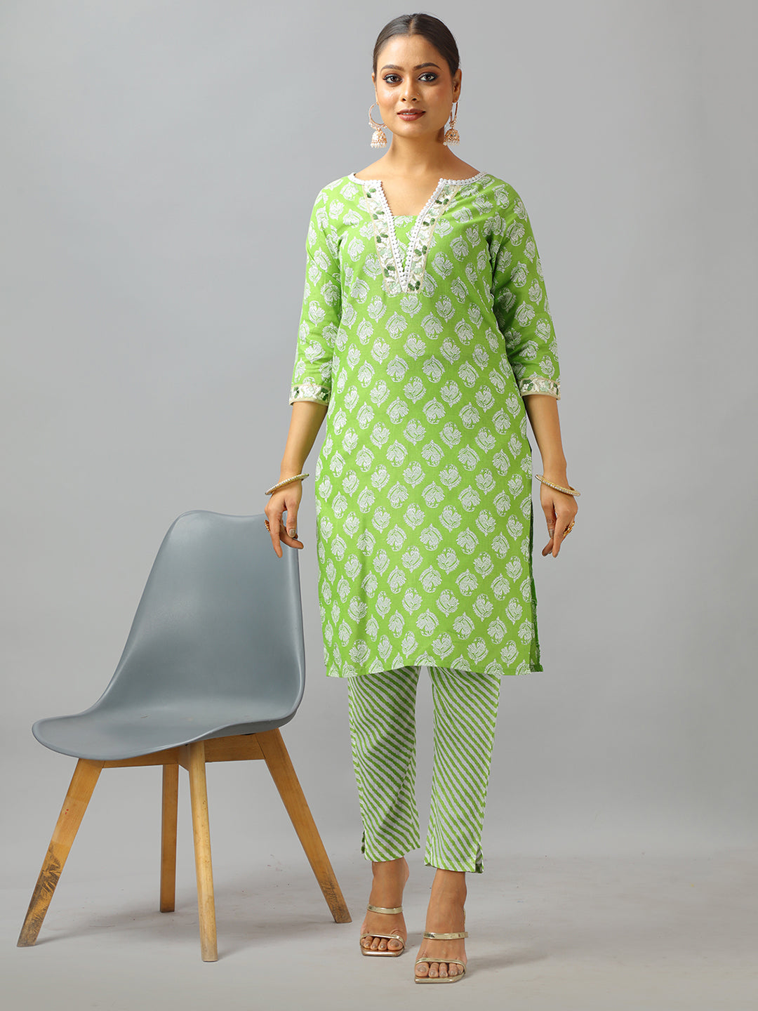 Bollywood Vogue Ready To Wear Green Cotton Printed Narrow Straight Pant Suit - Look Shot