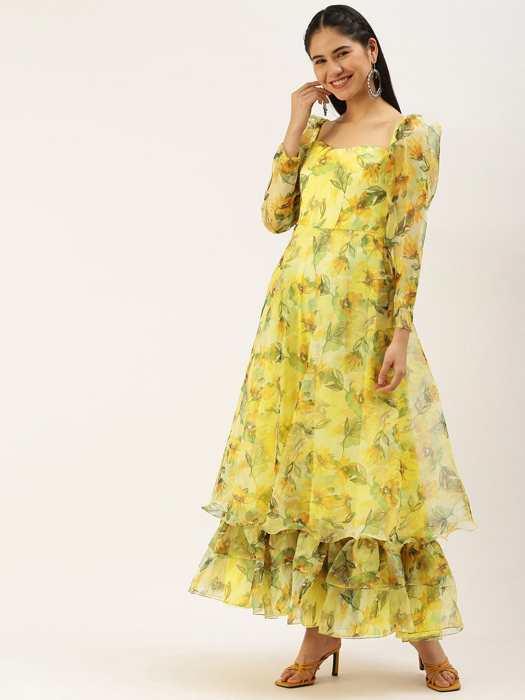 Bollywood Vogue Ready To Wear Yellow Printed organza Maxi Dress - Additional View 1