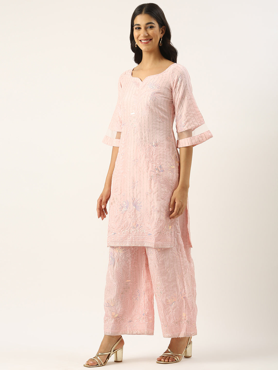 Bollywood Vogue Ready To Wear Pink Georgette Embroidered Wide Leg Pant Suit - Side View