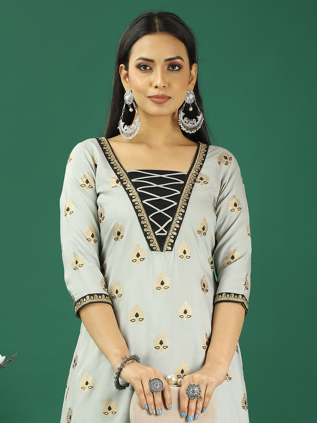 Bollywood Vogue Ready To Wear Grey Rayon Foil Printed N Black Kurta Set - Detail View