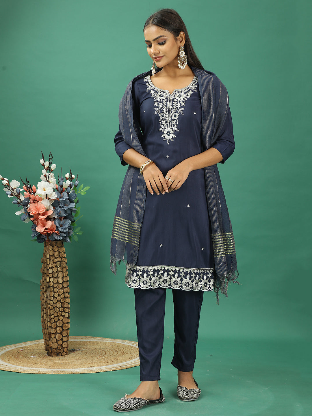 Bollywood Vogue Ready To Wear Blue Silk Embroidered Narrow Straight Pant Suit - Additional View 2