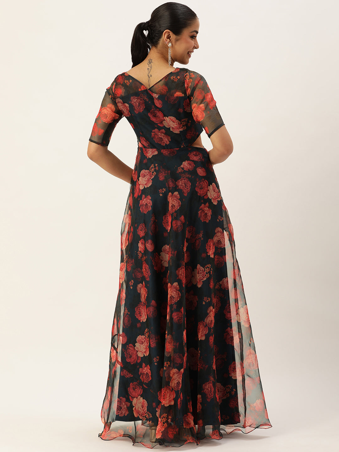 Bollywood Vogue Ready To Wear Blue Digital Printed Organza Gown - Back View