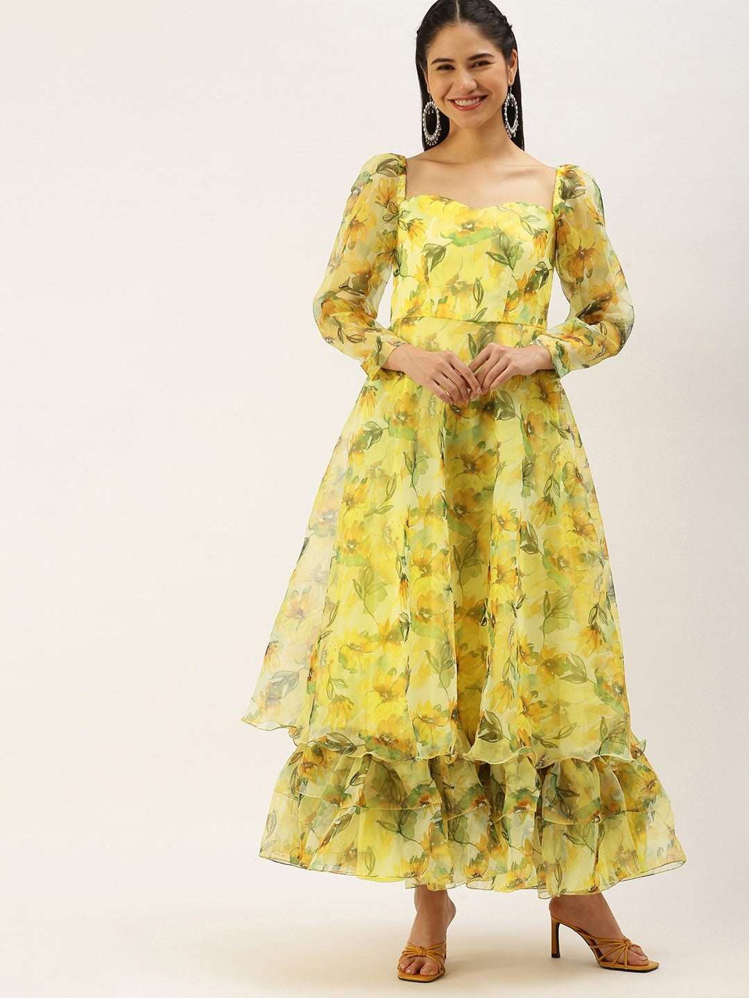 Bollywood Vogue Ready To Wear Yellow Printed organza Maxi Dress - Front View