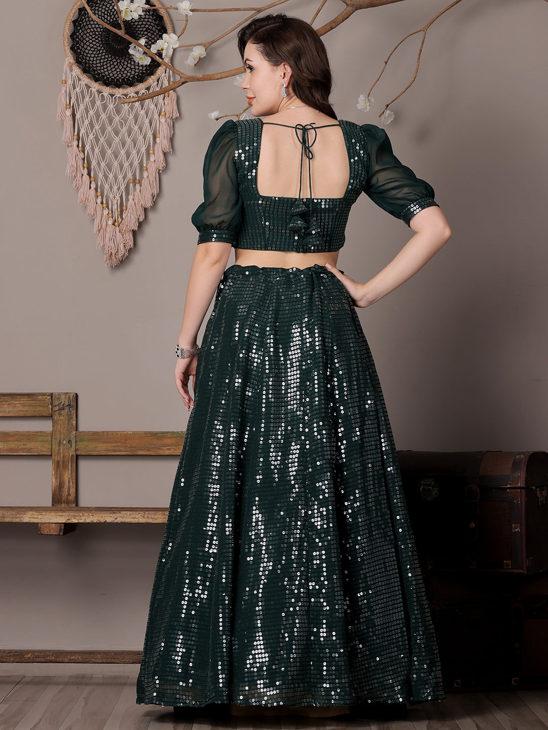 Bollywood Vogue Ready To Wear Green Georgette Embroidered Lehenga - Back View