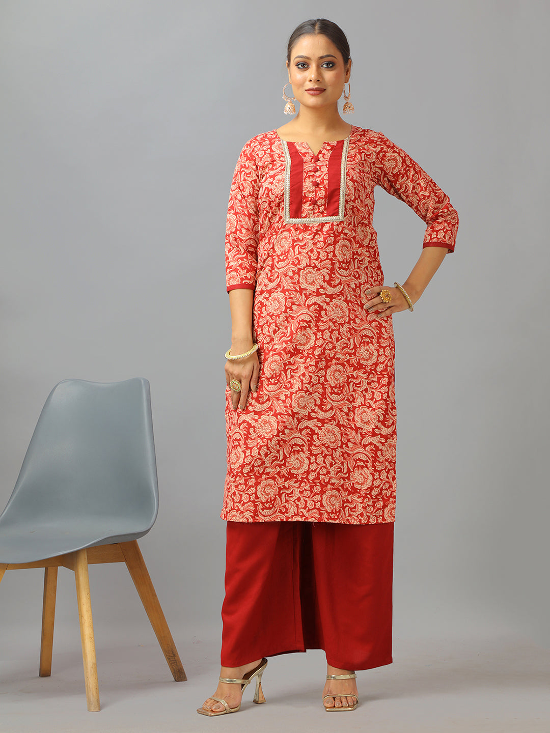 Bollywood Vogue Ready To Wear Maroon Semi Cotton Printed Wide Leg Pant Suit - Detail View