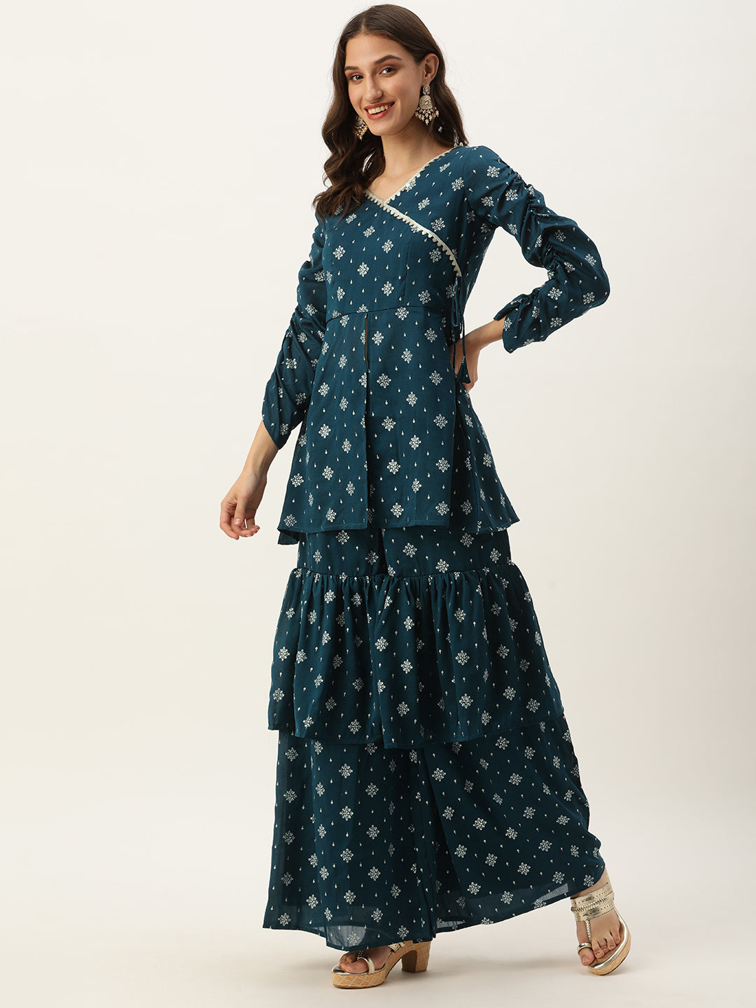 Bollywood Vogue Ready To Wear Blue Art Silk Layered Gharara Suit - Side View