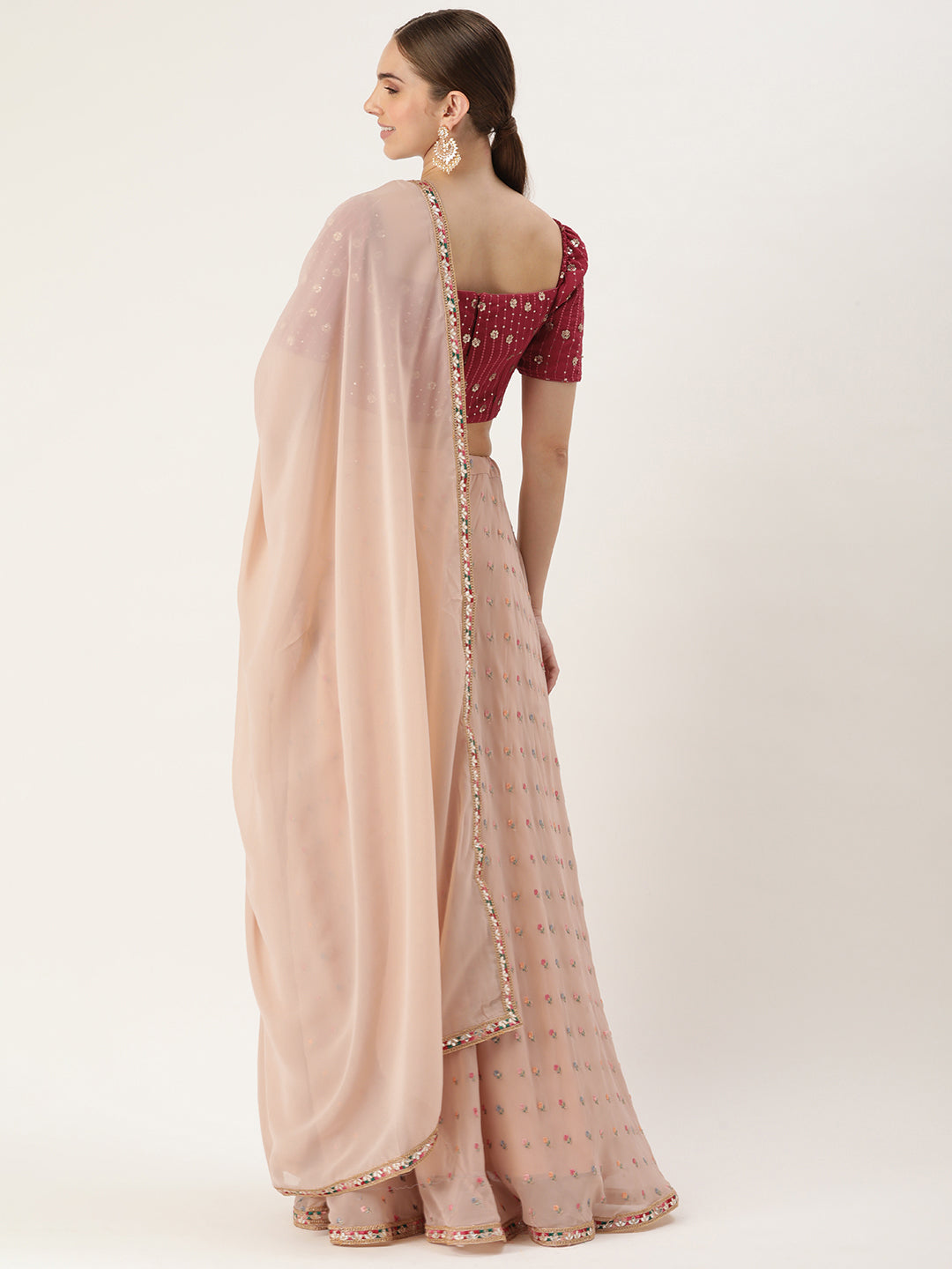 Bollywood Vogue Ready To Wear Beige N Teal Georgette Embroidered Lehenga Set - Detail View