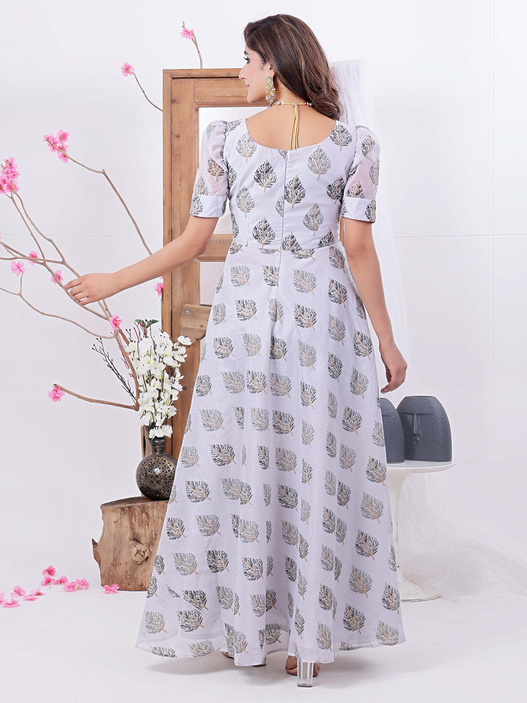 Bollywood Vogue Ready To Wear Lilac Hint Chanderi Silk Maxi Dress - Back View