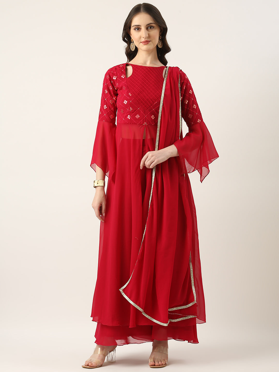 Bollywood Vogue Ready To Wear Rani Pink Georgette Embroidered Anarkali Suit - Front View