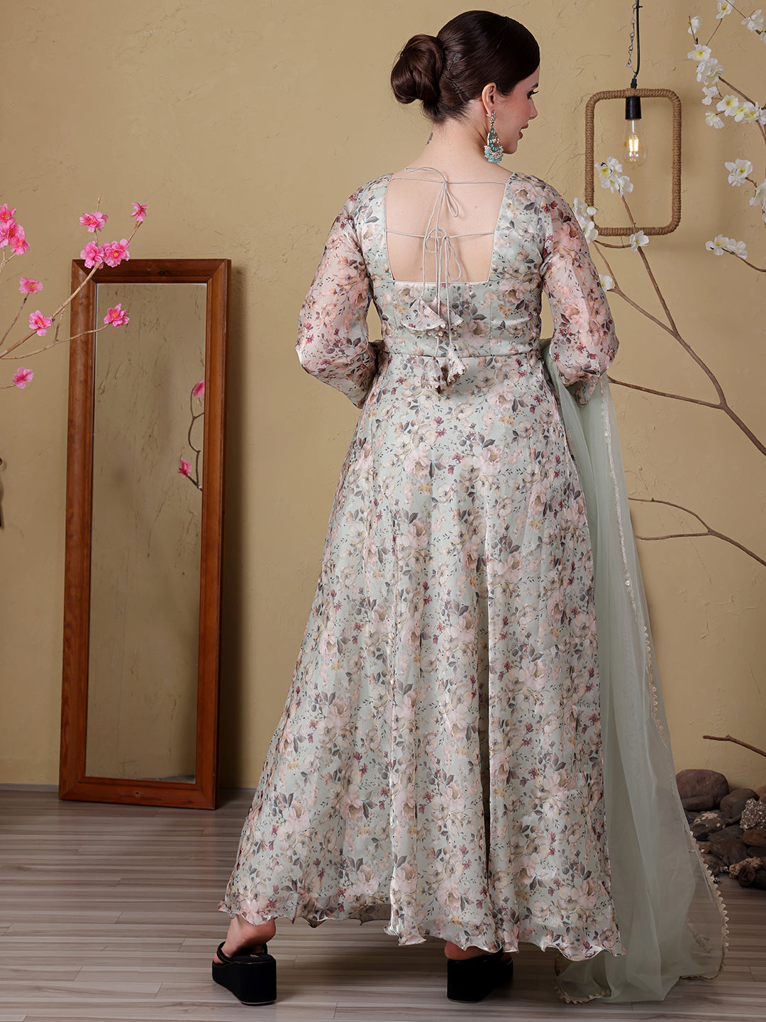 Bollywood Vogue Ready To Wear Sea Green Organza Satin Printed Anarkali Suit - Back View