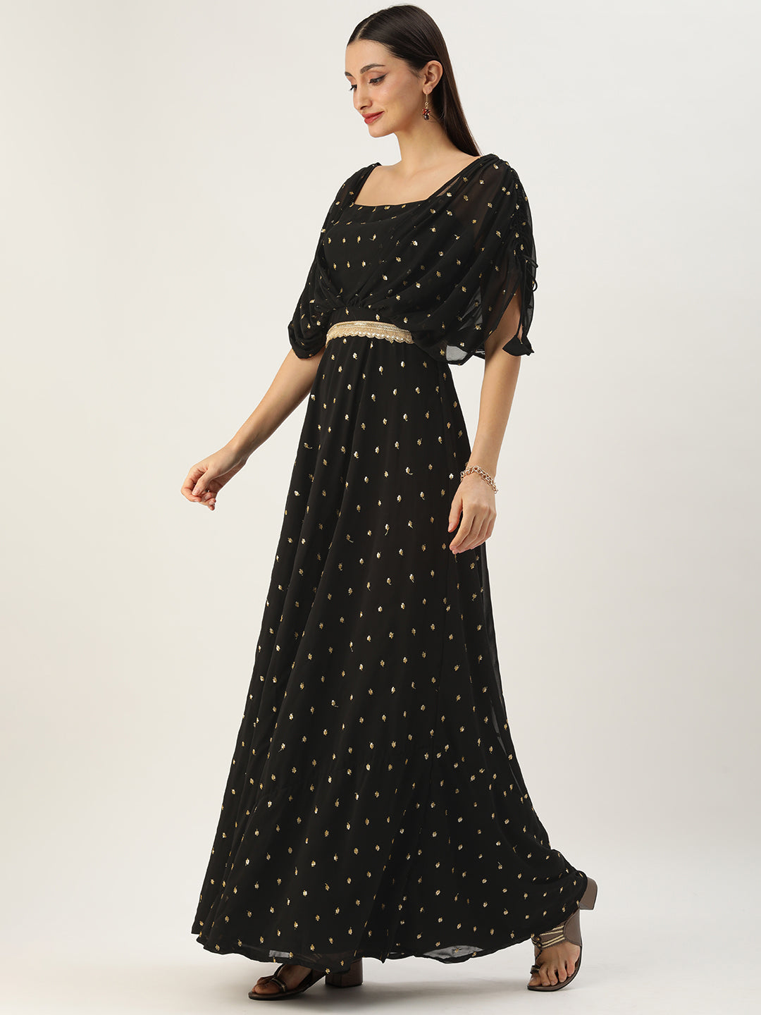 Bollywood Vogue Ready To Wear Black Georgette Embroidered Overlap Draped Gown - Side View