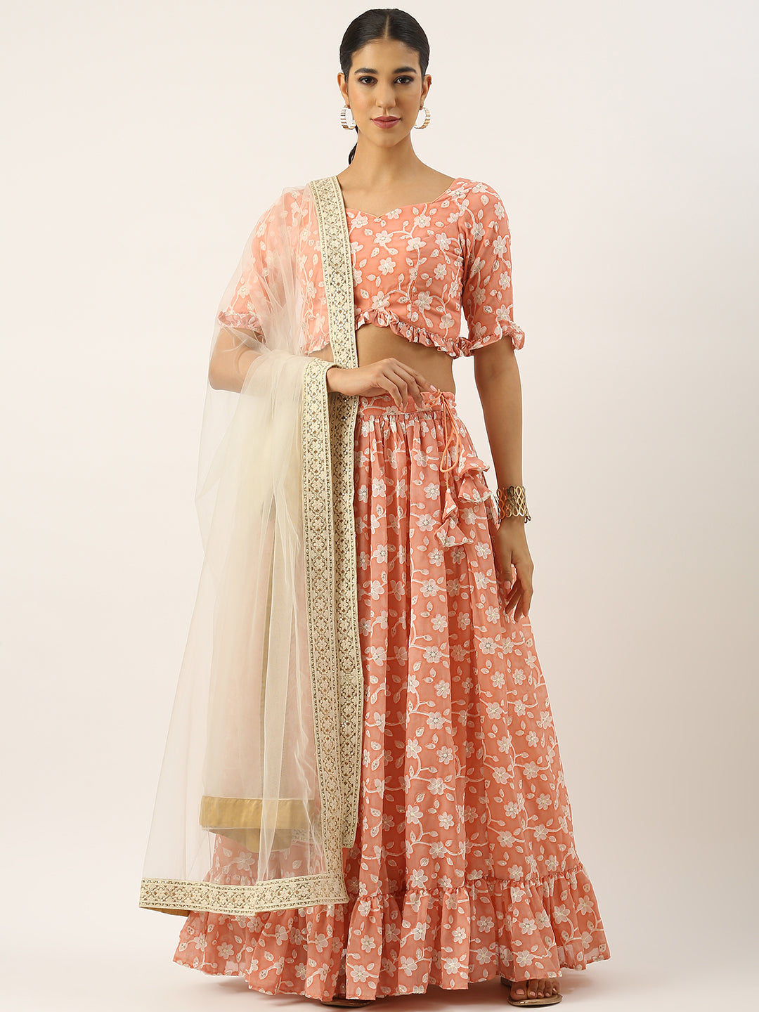 Bollywood Vogue Ready To Wear Peach Embroidered Georgette Lehenga Set - Front View