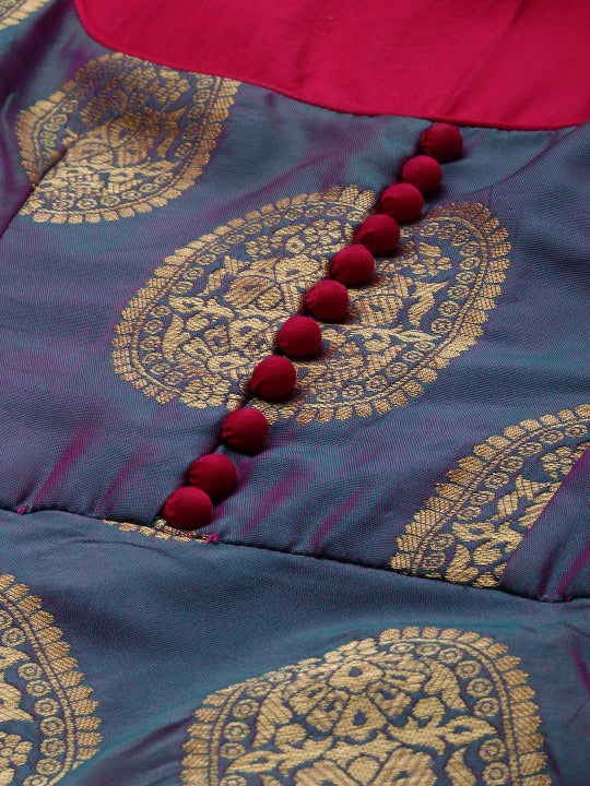 Bollywood Vogue Ready To Wear Blue Taffeta Jacquard Half Circular Dress - Detail View