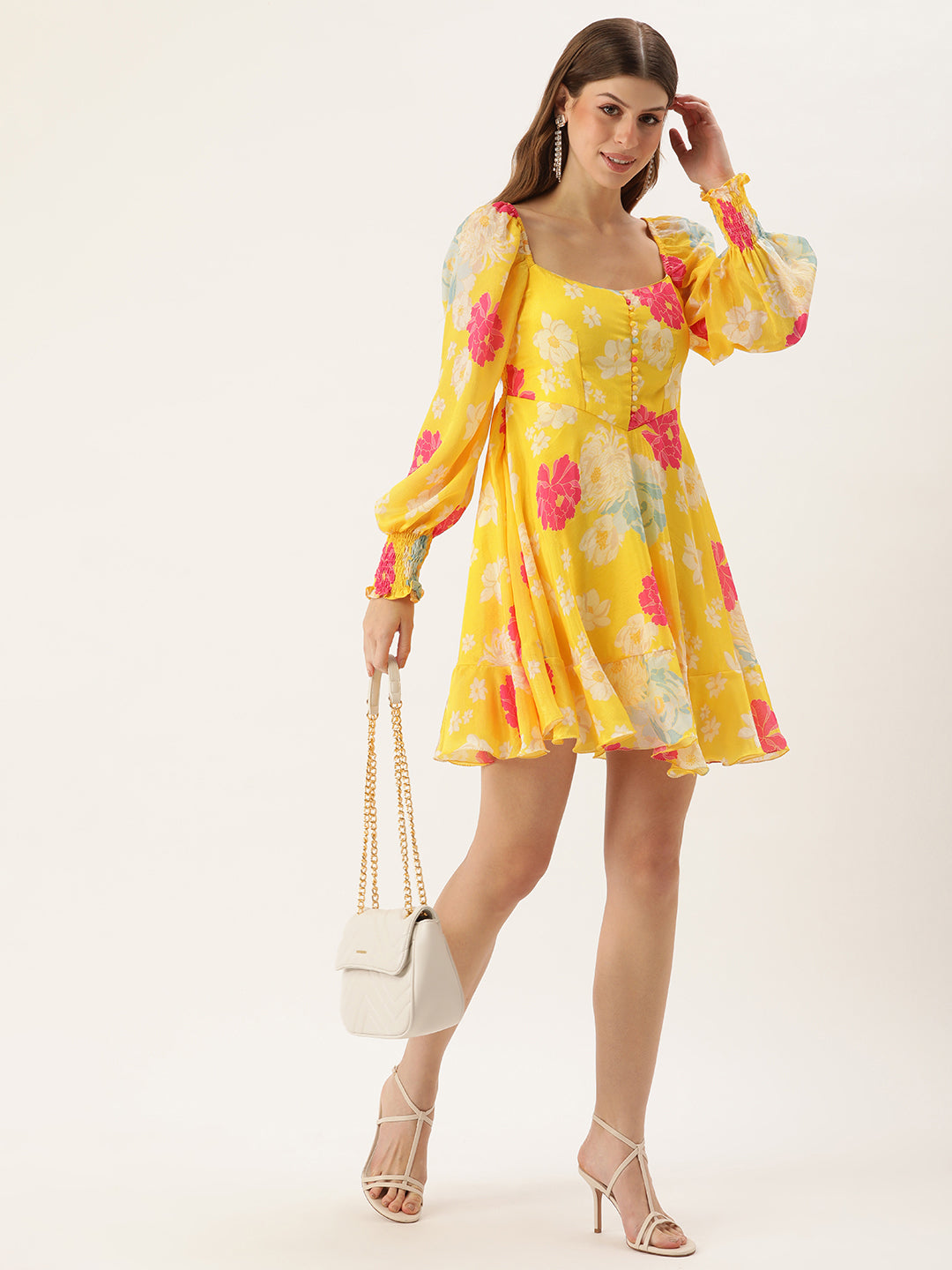 Bollywood Vogue Ready To Wear Yellow Digital Printed Chinon Smocking Dress - Front View