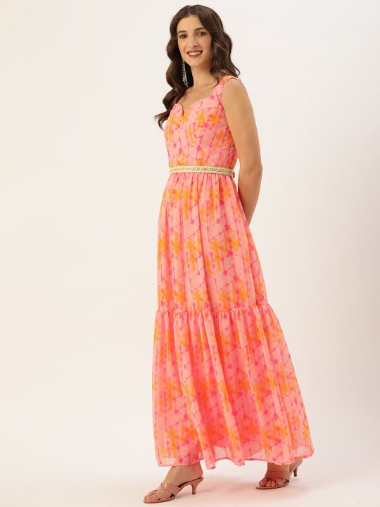 Bollywood Vogue Ready To Wear Multicolored Digital Printed Tiered Dress - Side View