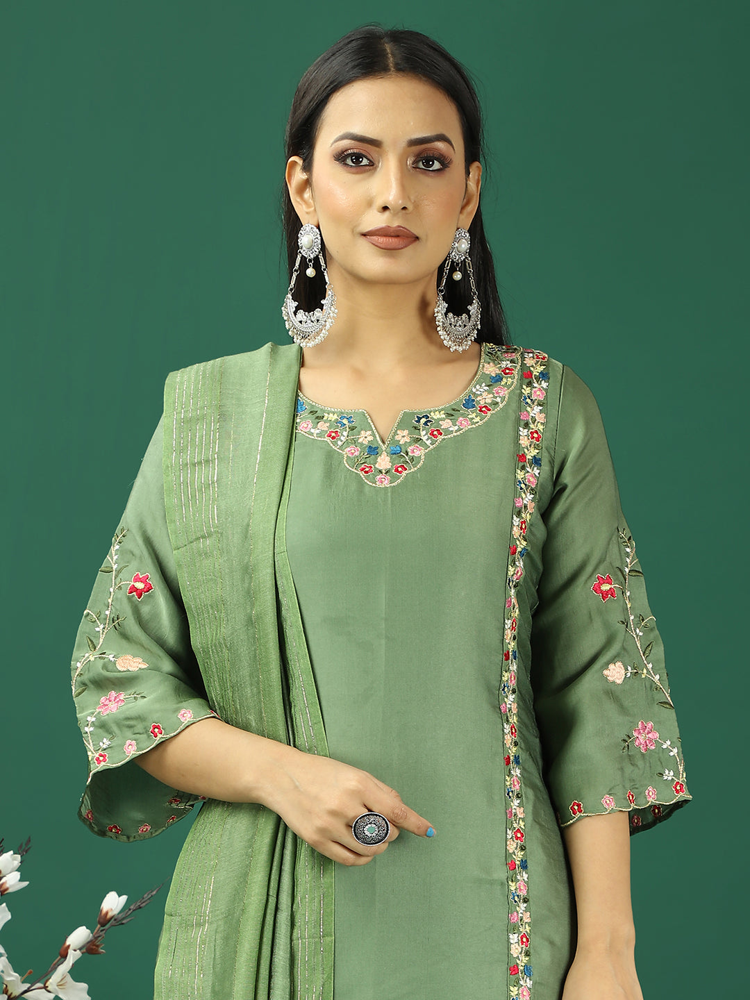 Bollywood Vogue Ready To Wear Green Art Silk Embroidered Straight Pant Suit - Detail View
