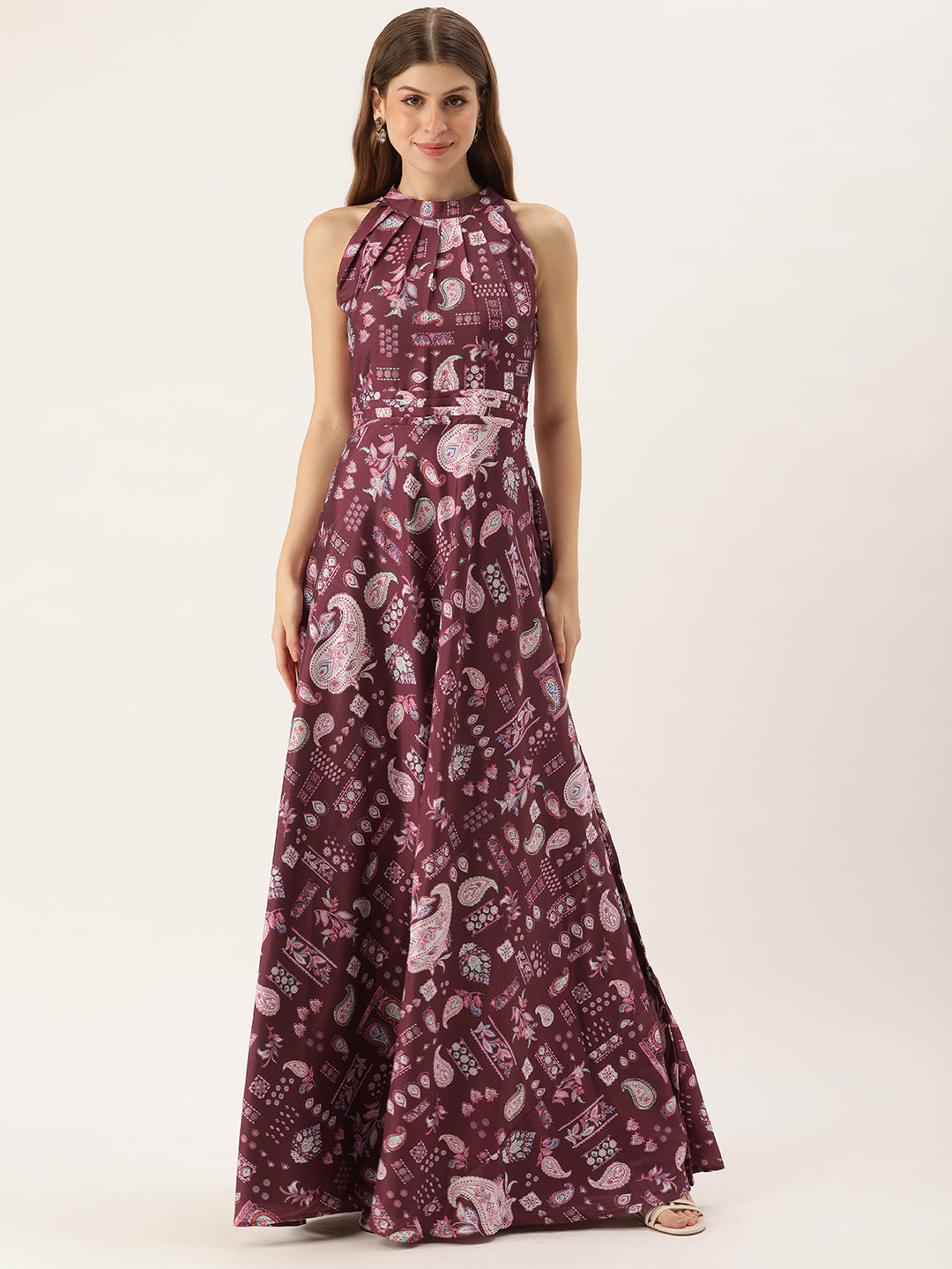 Bollywood Vogue Ready To Wear Maroon Digital Printed Kota Silk Gown - Front View