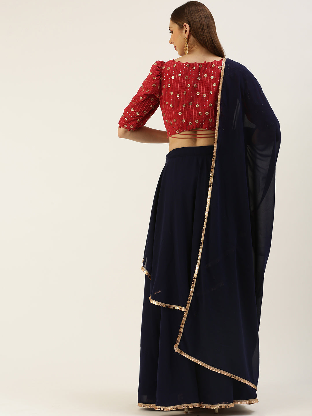 Bollywood Vogue Ready To Wear Dark Pink N Navy Blue Embroidered Lehenga - Look Shot