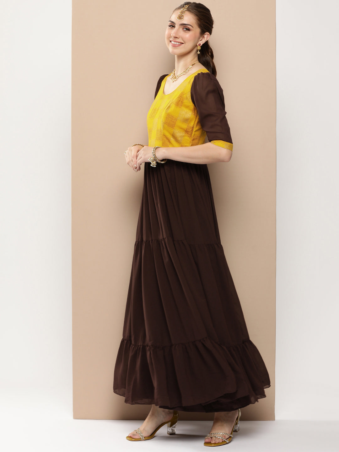 Bollywood Vogue Ready To Wear Yellow Rayon N Brown Georgette Gathers Dress - Side View